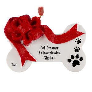 Image of Personalized Pet Groomer Red Bow And Pawprints Bone Ornament