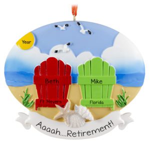 Image of Personalized Retired Couple At Beach Chairs In Sand Ornament