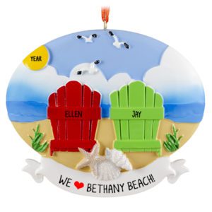Image of Couple At The Beach Colorful Chairs In Sand Keepsake Ornament