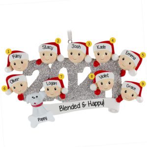 Image of Glittered 2021 Family Or Group Of 9 With Dog Personalized Ornament