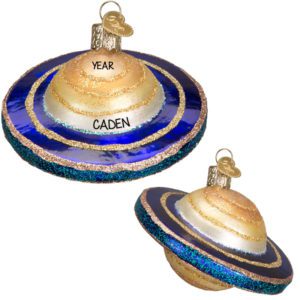 Image of Personalized Golden Saturn With Rings Glittered Glass 3-D Ornament
