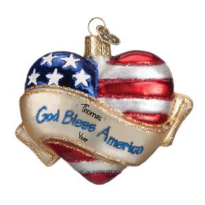Image of Patriotic God Bless America USA Flag Glittered Heart Personalized Ornament