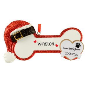 Image of Personalized PAWPRINT MEMORIAL HEART Glittered Dog Bone Ornament