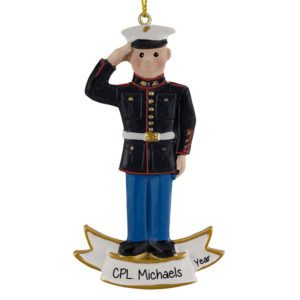 Image of Personalized Marine Saluting In Blue Dress Uniform Ornament