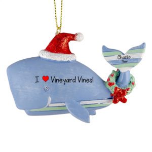 Image of Personalized I Love Vineyard Vines LIGHT BLUE Striped Whale Ornament