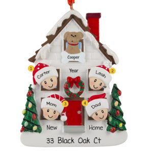 Image of Personalized Family Of 4 And Dog White House With Decorated Trees Ornament