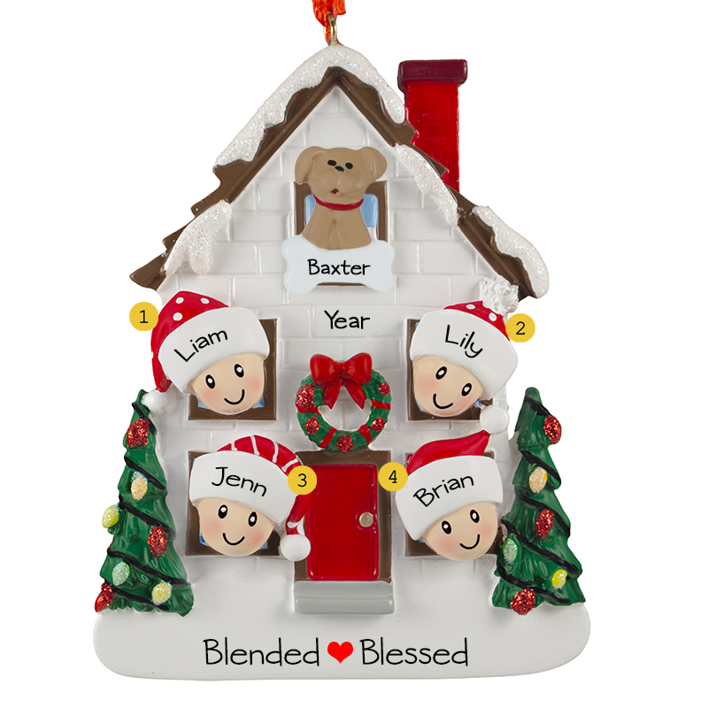 Blended Family Of 4 With Pet White House And Festive Trees Ornament ...