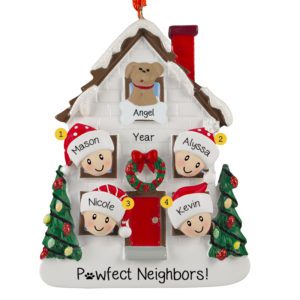 Image of Family Of 4 Neighbors With Pet White House And Festive Trees Ornament