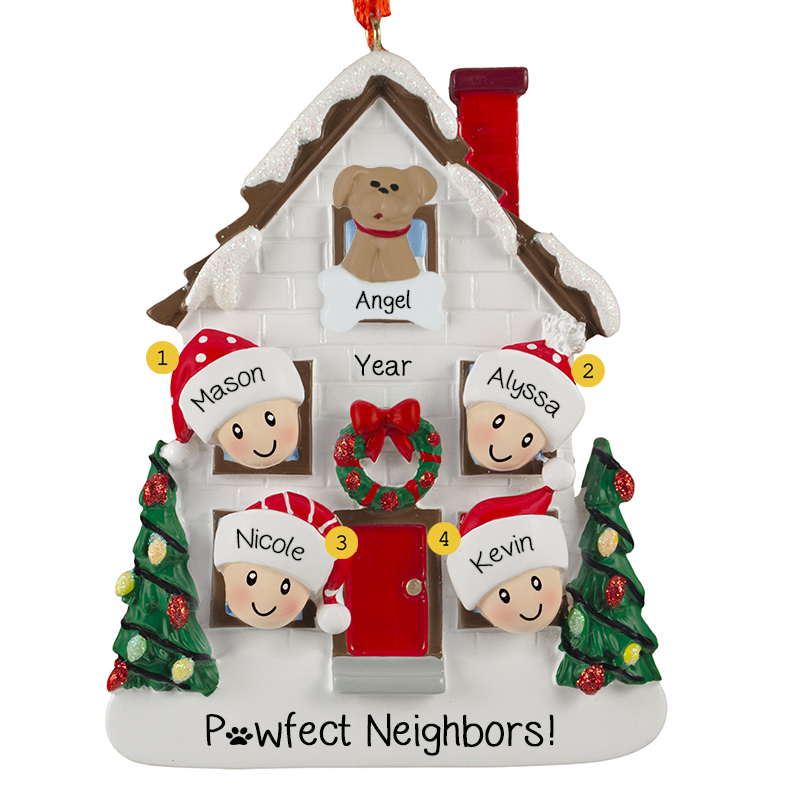 Family Of 4 Neighbors With Pet White House And Festive Trees Ornament ...