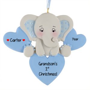 Image of Personalized Grandson's 1st Christmas Elephant And Hearts Ornament BLUE