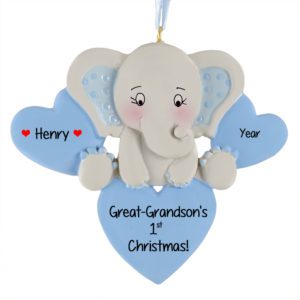 Image of Personalized Great Grandson's 1st Christmas Elephant And Hearts Ornament BLUE