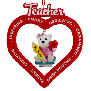 Image of Personalized Red Teacher Heart With Dangling Bear Ornament