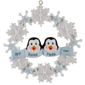 Image of Personalized Two Penguin Best Friends Glittered Wreath Ornament