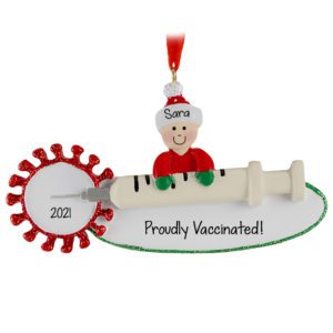 Image of Personalized Proudly Vaccinated Person On Syringe Glittered Ornament