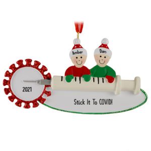Image of Stick It To COVID Couple On Syringe Glittered Personalized Ornament