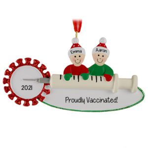 Image of Personalized Proudly Vaccinated Couple On Syringe Glittered Ornament