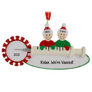 Image of Relax We're Vaxxed Couple On Syringe Glittered Personalized Ornament
