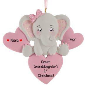 Image of Personalized Great Granddaughter's 1st Christmas Elephant And Hearts Ornament PINK