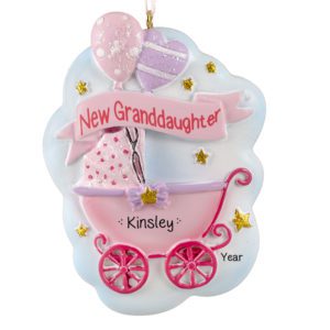 Image of Personalized New Granddaughter Glittered Stroller Ornament PINK