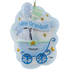 Image of Personalized New Grandson Glittered Stroller Ornament BLUE