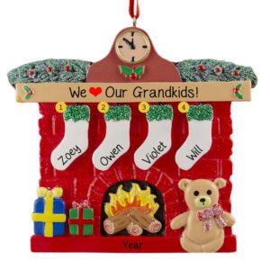 Image of Four Grandkids Glittered Red Brick Fireplace Personalized Ornament