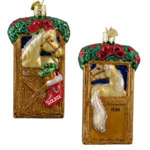Image of Personalized Tan Horse In Stall With Stocking 2-Sided Glass Ornament