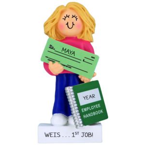 Image of Personalized FEMALE First Job Holding Paycheck Ornament BLONDE