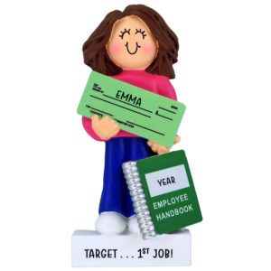 Image of Personalized FEMALE First Job Holding Paycheck Ornament BRUNETTE