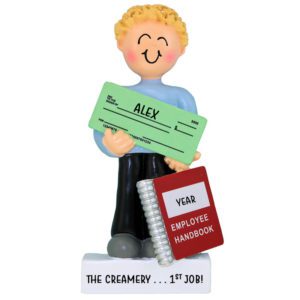 Image of Personalized MALE First Job Holding Paycheck Ornament BLONDE Hair