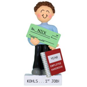 Image of Personalized MALE First Job Holding Paycheck Ornament BROWN Hair