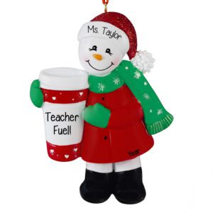 Image of Personalized Teacher Fuel Snowman Holding Coffee Ornament