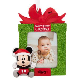 Image of Personalized Baby's 1st Christmas Mickey Mouse Photo Ornament GREEN