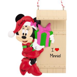 Image of Personalized Minnie Mouse Holding Gift With Sled Ornament