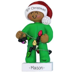 Image of Personalized Boy's 3rd Christmas Green Pajamas And Lights Ornament African American
