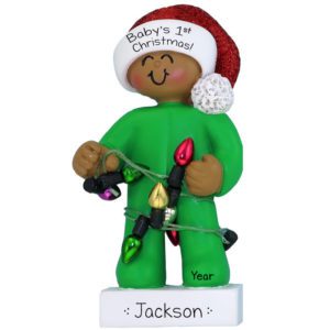 Image of Personalized Baby's 1st Christmas Green Pajamas Ornament African American