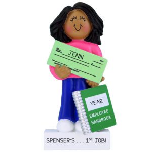 Image of Personalized FEMALE First Job Holding Paycheck Ornament AFRICAN AMERICAN