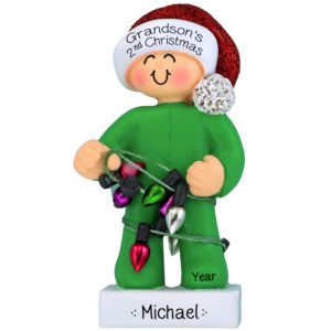 Image of Personalized Grandson's 1st Christmas Green Pajamas Ornament African American