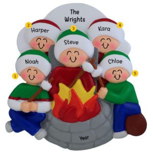 Image of Personalized Family Of 5 Sitting Around Fire Pit Ornament