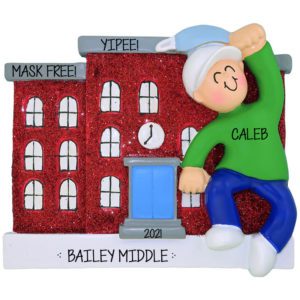 Image of Personalized Middle School BOY Removing Mask Glittered School Ornament
