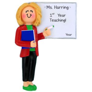 Image of Personalized 1st Year FEMALE Teacher Holding Book Ornament BLONDE