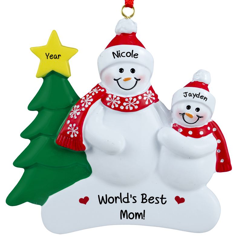 SNOWMAN FAMILY OF 4 MOM DAD GIRL BOY CHILD PERSONALIZED CHRISTMAS TREE ORNAMENT 