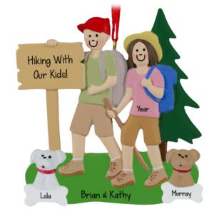 Image of Personalized Hiking Couple With 2 Dogs Outdoor Ornament
