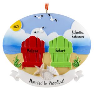 Image of Personalized Destination Beach Wedding Chairs In Sand Ornament