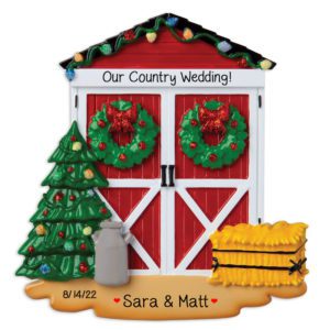 Image of Personalized RED Barn Doors Country Wedding Souvenir Ornament