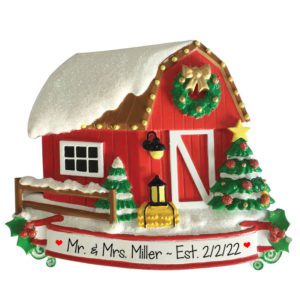 Image of Rustic Wedding InSnow Covered RED Barn Personalized Ornament