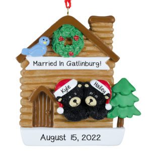 Image of Personalized Black Bear Couple In Cabin Destination Wedding Ornament