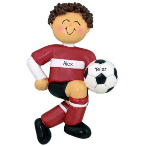 Image of Personalized BOY Kicking Soccer Ball Ornament RED Uniform BROWN Hair