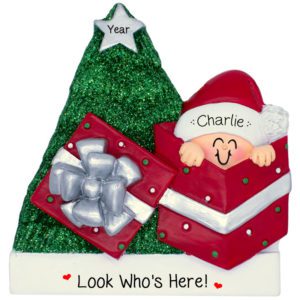 Image of Personalized Baby In Red Giftbox Glittered Tree Ornament
