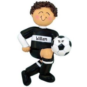Image of Personalized BOY Kicking Soccer Ball Ornament BLACK Uniform BROWN Hair