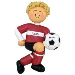 Image of Personalized BOY Kicking Soccer Ball Ornament RED Uniform BROWN Hair